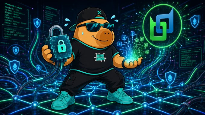 A cartoon Beldex mascot wearing sunglasses and a cap holds a padlock in one hand and a glowing network of data nodes in the other, standing atop a digital grid surrounded by code and shield icons. The image visually reinforces the post's message that a single masternode, secured by a 10,000 BDX stake, serves dual functions—producing blocks and routing private BelNet/BChat traffic—without relying on centralized servers.