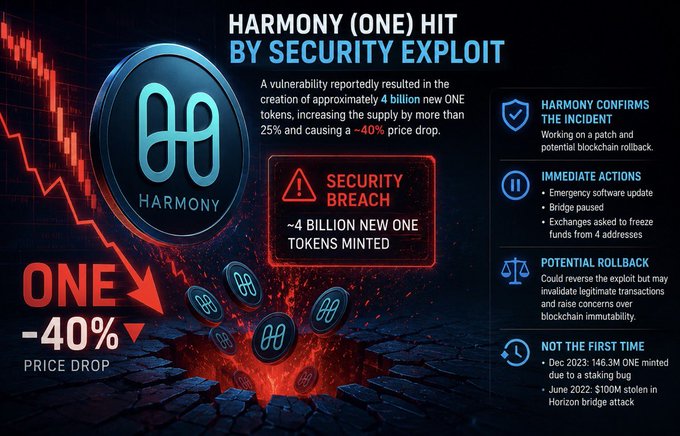 Infographic titled 'HARMONY (ONE) HIT BY SECURITY EXPLOIT' detailing a -40% price drop due to ~4 billion new ONE tokens minted, with notes on confirmation, immediate actions, and potential rollback.
