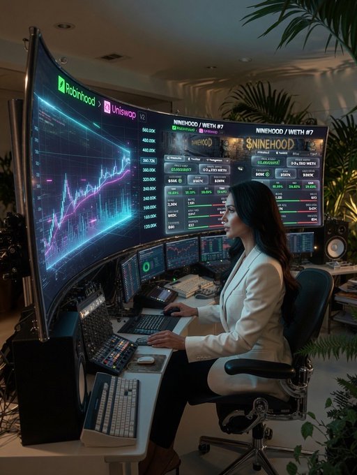 A woman in a white blazer sits at a multi-monitor trading workstation with curved screens displaying crypto charts and platforms like Robinhood and Uniswap, with a meme token 'NINEHOOD / WETH' visible on the display.