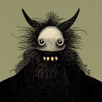 A dark, whimsical illustration of a black furry monster with horns, wild hair, wide googly eyes, and a small toothy grin against a muted green background.