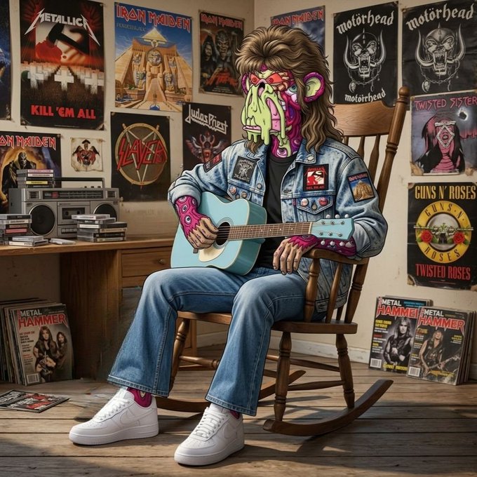 A grotesque, zombie-like figure with shaggy hair and a decayed green face sits in a wooden rocking chair strumming a light blue guitar, dressed in a denim jacket adorned with rock patches and jeans, surrounded by classic metal posters from bands like Metallica ("Kill 'Em All"), Iron Maiden, Motörhead, Slayer, Judas Priest, and Guns N' Roses. The chaotic, retro-rock aesthetic complements the energetic "Rise and shine" greeting, suggesting an over-the-top wake-up call from a heavy metal past.