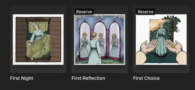 Three NFT-style digital artworks titled 'First Night', 'First Reflection', and 'First Choice' depicting a woman in historical dress experiencing a dreamlike fantasy sequence.