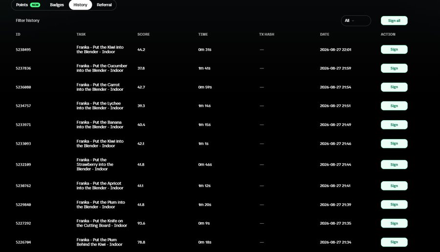 Screenshot of a task history page from a crypto airdrop platform listing completed 'Franka' tasks like 'Put the Kiwi into the Blender - Indoor' along with scores and completion dates from August 2026.