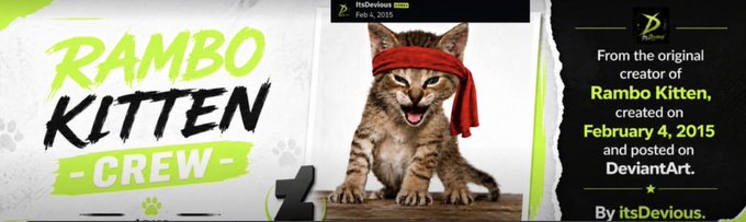 A promotional banner for "Rambo Kitten Crew" features a fierce-looking tabby kitten wearing a red headband, with text crediting its original creation by its3Devious on DeviantArt on February 4, 2015, tying into the post's claim that the RKC token on Robinhood was made by the original creator of the Roaring Kitty meme character.