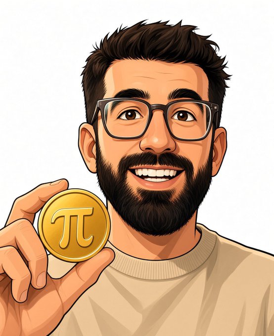 Illustrated portrait of a smiling bearded man with glasses holding a gold coin featuring the pi symbol (π).