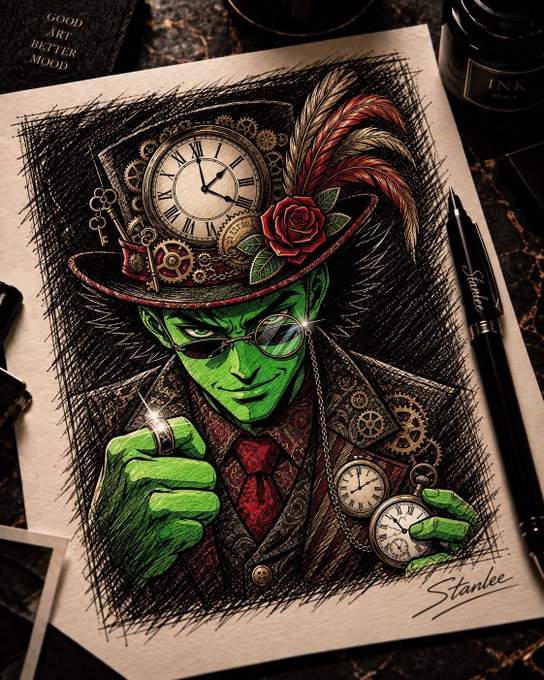 A detailed pen-and-ink illustration signed "Stanlee" depicting a green-skinned steampunk character with a clock-adorned top hat, red rose, monocle, and pocket watches, drawn on paper next to an ink bottle and pen.