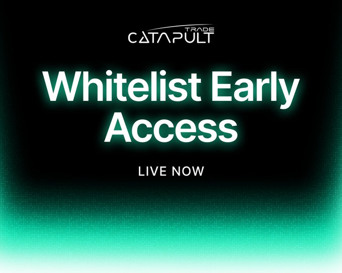 The image is a promotional graphic for "CATAPULT TRADE" announcing "Whitelist Early Access" with "LIVE NOW" text displayed in glowing teal and white lettering against a black background with a gradient effect. It visually reinforces the accompanying post's message about $PULT presale early access for whitelisted users at catapult.trade/presale.