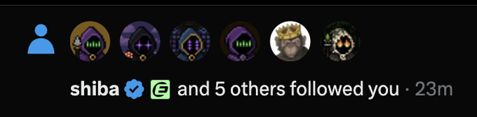 A Twitter notification stating 'shiba and 5 others followed you' with the timestamp '23m', displayed above a row of profile pictures.