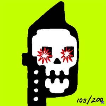 A graphic illustration on a bright green background shows a black and white stylized skull with red starbursts in its eye sockets, with '105/200' written in the bottom right corner.