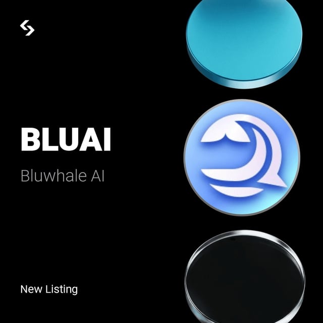 The image features a black background with three circles, each containing an illustration of a blue and white logo for different companies. The text "Bluwhale AI" is written below the logos, indicating that this is related to the Bluwhale AI listing on the site.