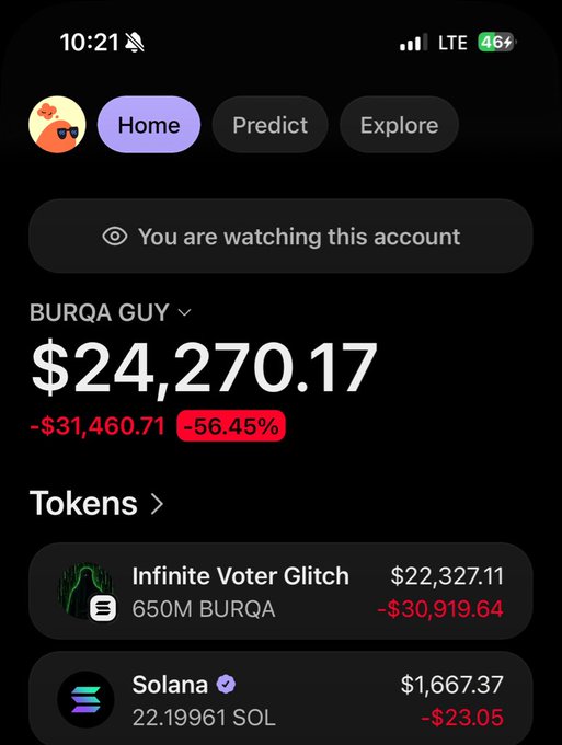 A mobile app screen displays a cryptocurrency portfolio for "BURQA GUY" showing a value of $24,270.17, down 56.45% (-$31,460.71), with holdings in "Infinite Voter Glitch" and Solana.