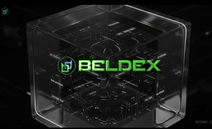 A promotional graphic for 'BELDEX' features the green logo and name over a futuristic, transparent cube containing what appears to be server racks and circuit boards.