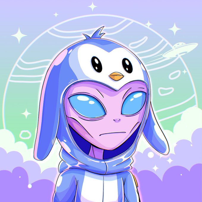 A cartoon character wearing a blue penguin hoodie stands in front of a pastel cosmic background featuring planets, stars, and a UFO. The post about showing off a 1/1 @MicrosNft collection aligns with the image's cute, space-themed NFT aesthetic typical of the Micros collection on Solana.