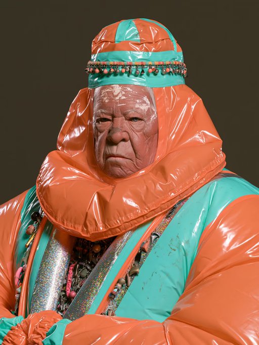 A high-fashion, avant-garde portrait of an older person with a stern expression, wearing a glossy orange and teal inflated garment with elaborate jewelry.