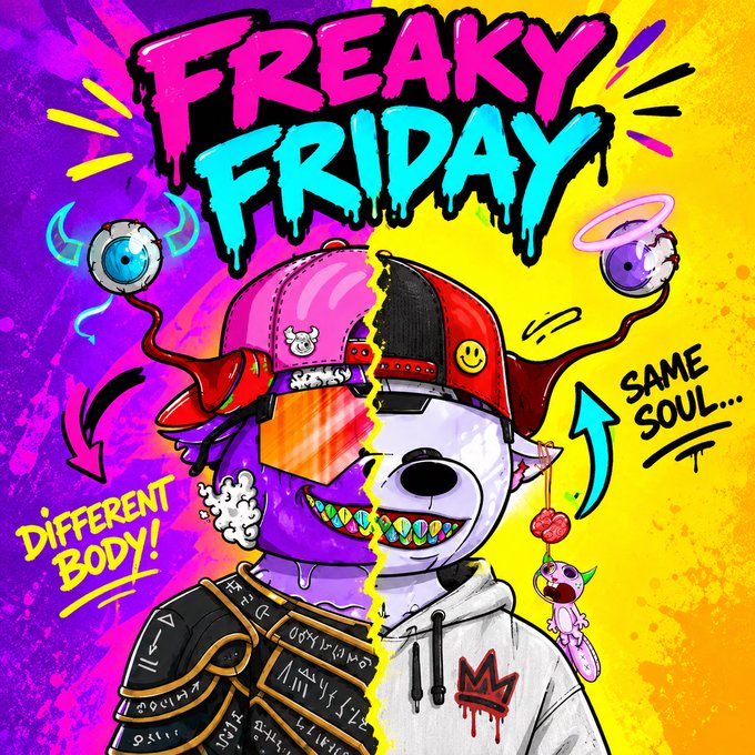A vibrant graffiti-style illustration for 'Freaky Friday' showing a split character with 'Different Body' on one side and 'Same Soul' on the other, featuring an eyeball on a spring.