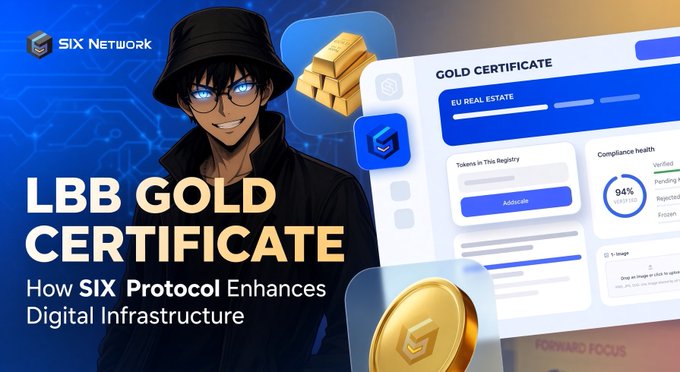 A promotional graphic for 'SIX Network' featuring an anime-style character in glasses and a hat, advertising 'LBB GOLD CERTIFICATE: How SIX Protocol Enhances Digital Infrastructure' with imagery of a gold certificate interface.