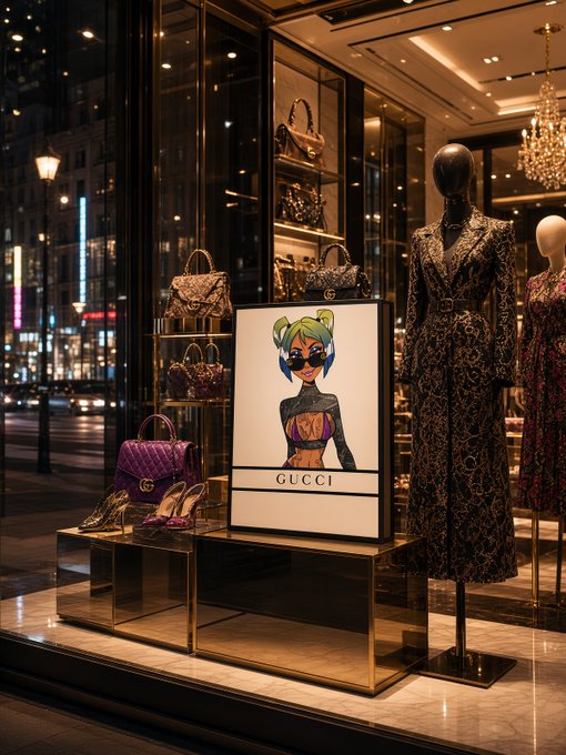 An upscale Gucci storefront window display featuring mannequins in patterned dresses, luxury handbags, and an illuminated sign displaying a stylized illustration with the text 'GUCCI'.