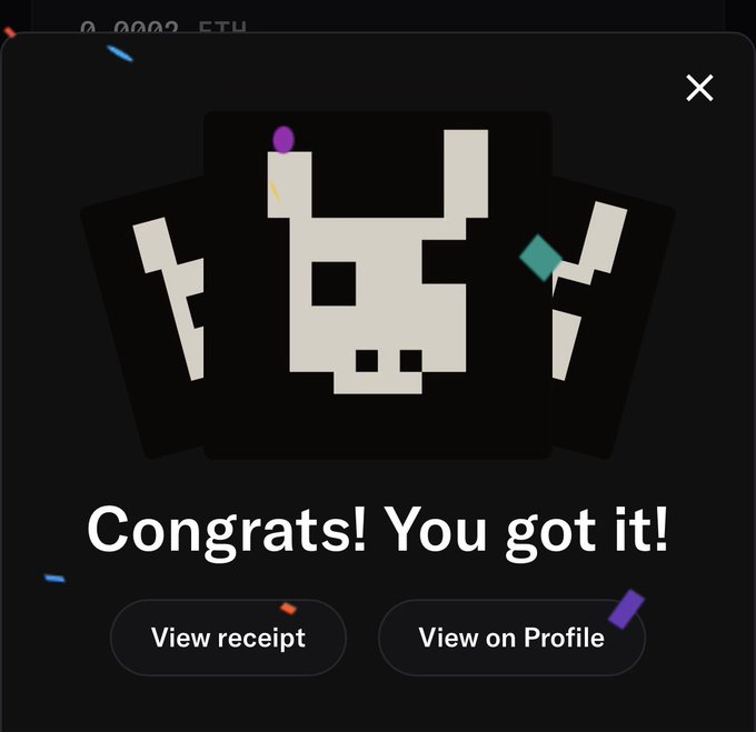 A digital congratulation popup celebrating a successful mint, displaying a pixelated creature image with the bold text "Congrats! You got it!" and buttons for "View receipt" and "View on Profile." The pop-up, complete with colorful confetti accents, visually confirms the user's NFT mint.