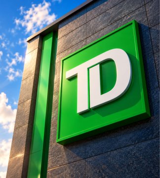 A green TD (Toronto-Dominion Bank) logo mounted on a gray tiled building exterior against a blue sky with clouds.