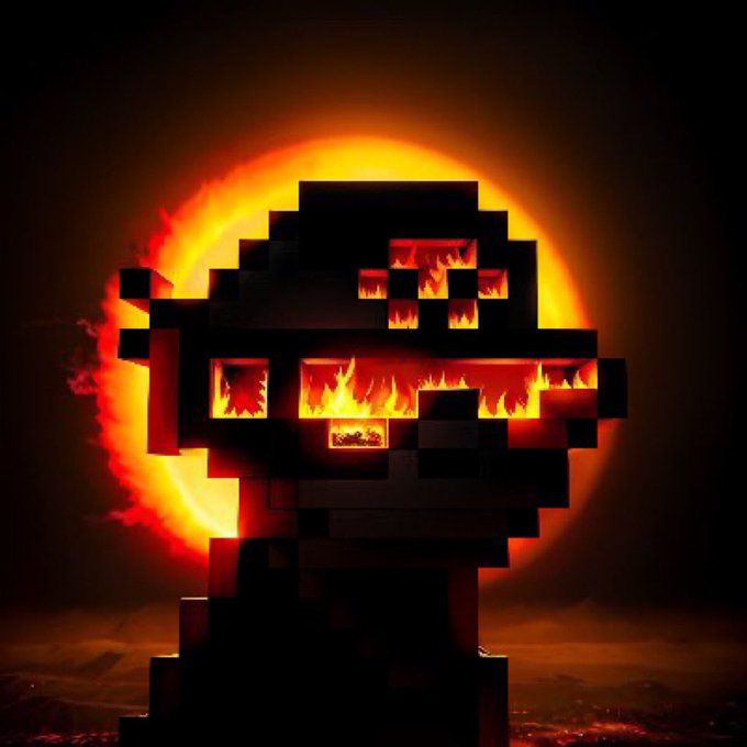 A pixelated/blocky figure with glowing fire-like eyes and mouth set against a large orange sun or moon backdrop.