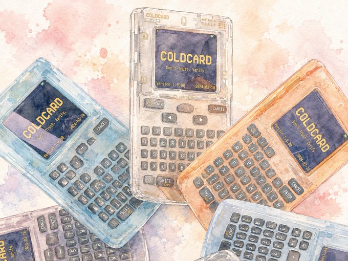 A watercolor illustration shows several Coldcard hardware wallets (in blue, gray, and orange) scattered against a soft pastel background, with screens displaying "COLDCARD - Don't Trust. Verify." along with "Version" and timestamp details, visually reinforcing the post's call to scrutinize and improve Bitcoin custody security standards.