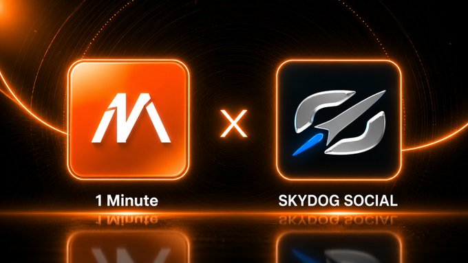 A promotional graphic showing a partnership between two apps: an orange icon labeled '1 Minute' and a dark icon labeled 'SKYDOG SOCIAL', separated by an 'X' on a black background with orange light effects.