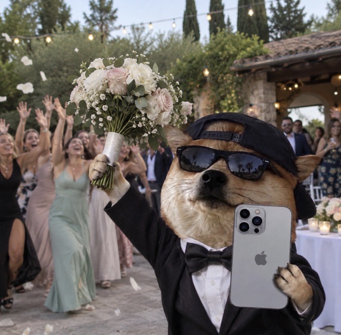 A Shiba Inu dog dressed in a tuxedo, sunglasses, and a backwards cap holds a bouquet of flowers in one paw and an iPhone in the other at an outdoor wedding celebration.
