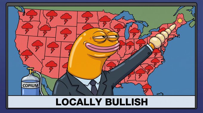 A smug yellow mascot in a suit stands in front of a U.S. map covered in red storm icons, dispensing "COPIUM" from a can while the caption reads "LOCALLY BULLISH." The image humorously illustrates the post's joke about weather forecasts being bullish only for "slippy holders," while everyone else faces stormy conditions.