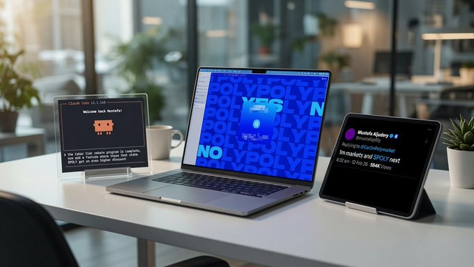 A desk setup displays a laptop with "YES" surrounded by repeating "POLY" text, alongside two tablets showing what appears to be a Poly token notification ("Welcome back Mustafa!") and a "Muntas Kpdery" event invite for June 23, 2024, supporting the post's claim about confirming the $POLY token through official channels.