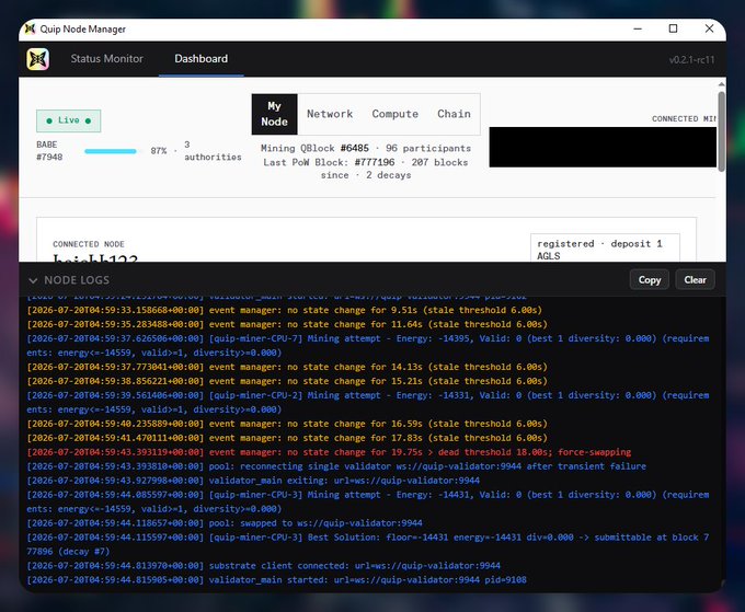 A screenshot of the Quip Node Manager dashboard showing node status, mining details, and live node logs with timestamps from July 2026.