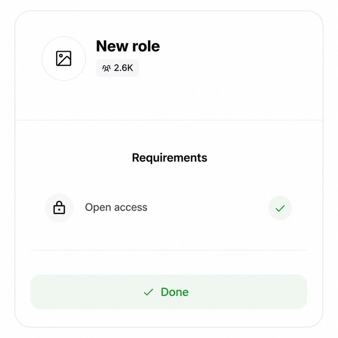 The image shows a white square with black text that reads "New role" at the top. Below this, there are two green checkboxes labeled "Open access" and "DONE", indicating that the user has claimed the new role or completed the task associated with it. The text also mentions Base's token launch coming up soon, which could be related to the new role in question.