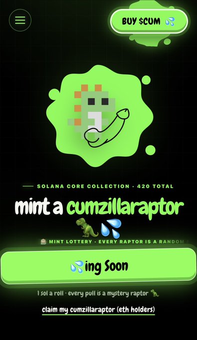 The image shows a mobile web page promoting a "cumzillaraptor" NFT mint from a "Solana Core Collection" of 420 total, with an "ing soon" timer, alongside a "BUY $CUM" button—apparent crypto/NFT scam content. This relates to the post mocking meme coins like $CUM, which, like the referenced $GME tin-hat "timer" effort, ultimately devolve into worthless speculative tokens (shit coins) rather than legitimate investments.