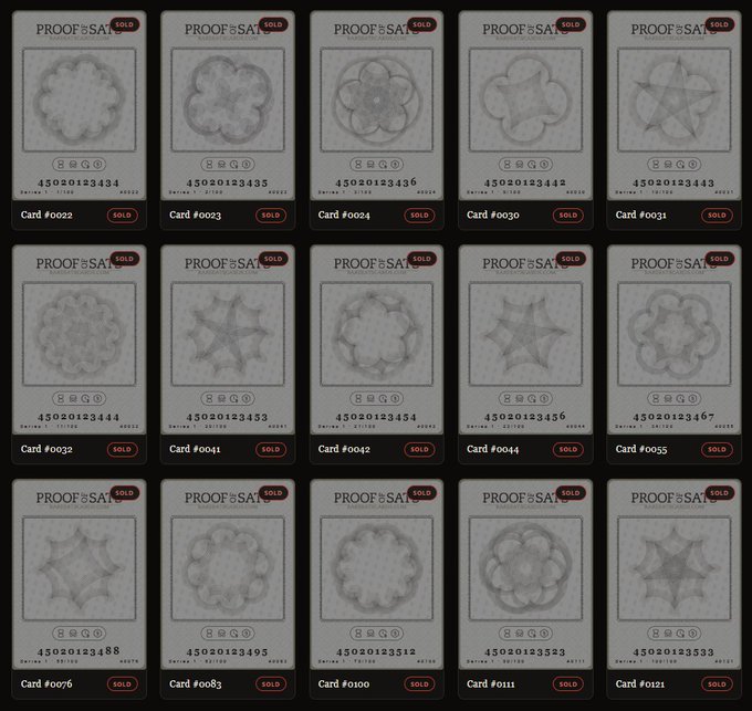 A grid of 15 NFT trading cards labeled 'PROOF OF SATOSHI' with various rosette/geometric designs, marked as SOLD with sequential card numbers.