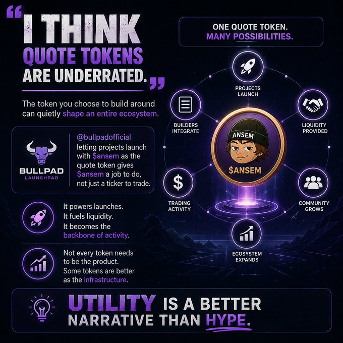 An infographic titled 'I THINK QUOTE TOKENS ARE UNDERRATED' promotes $SANSUM as a quote token by BullPad Launchpad, featuring a character named 'ANSEM' and diagrams showing 'ONE QUOTE TOKEN, MANY POSSIBILITIES' with the tagline 'UTILITY IS A BETTER NARRATIVE THAN HYPE.'