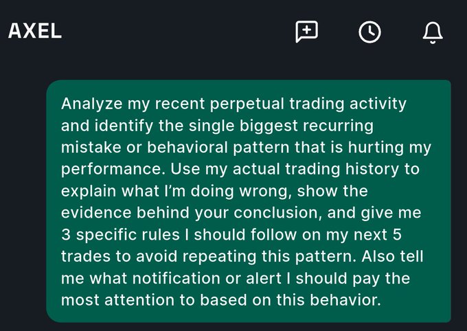 A chat interface with 'AXEL' branding containing a detailed prompt requesting analysis of perpetual trading activity, identification of behavioral mistakes, three specific rules for the next 5 trades, and recommendations for relevant notifications.