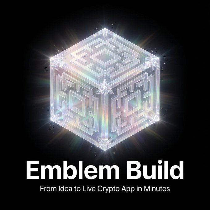 A promotional graphic featuring a glowing, crystalline cube with maze-like patterns, advertising 'Emblem Build - From Idea to Live Crypto App in Minutes.'