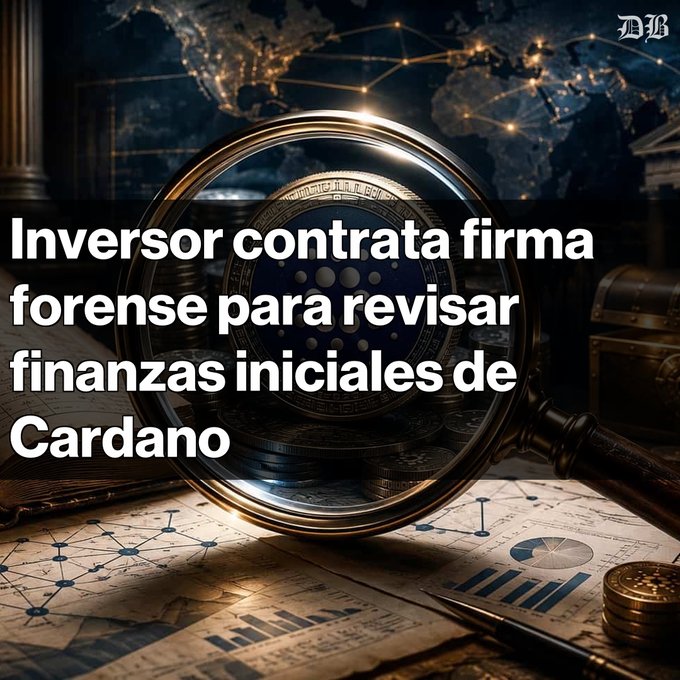 The image features a magnifying glass with some coins underneath it. In the background, there are several dollar bills scattered around. The main focus of the scene is an open book that contains some text. The caption at the bottom reads "Inversor contrata auditoría forense de Cardano Thomas Braziel busca rastrear el destino de fondos del ICO. La revisión incluye Input Output Global, Emurgo y la Fundación Cardano. ADA cae a USD $0,15 y el ecosistema enfrenta dudas operativas. Criticas sobre transparencia". The presence of the magnifying glass and its proximity to the dollar bills indicates that someone may have been looking at financial documents or other details within the book's pages using a magnifying glass for closer examination.