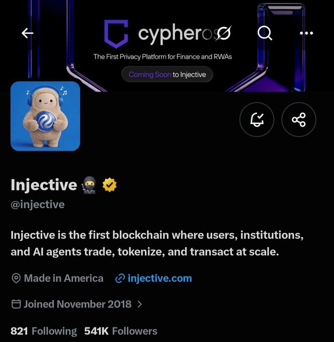 The Cypher X social media profile for Injective (@injective), described as 'The First Privacy Platform for Finance and RWAs' coming soon to Injective, with 541K followers and a blue fuzzy mascot avatar.
