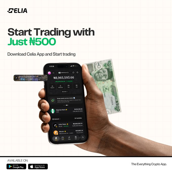 A promotional image for the Celia crypto trading app features a hand holding a smartphone displaying a crypto portfolio interface, alongside a ₦500 Nigerian naira note. The text "Start Trading with Just ₦500" is prominently displayed, with the app's tagline "The Everything Crypto App" at the bottom, reinforcing the post's message that users can begin purchasing various cryptocurrencies across multiple blockchains with as little as ₦500 by downloading the Celia app.