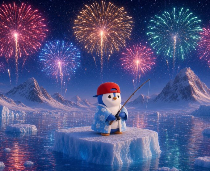 A cute animated penguin wearing a red cap and blue kimono with snowflakes fishes from an ice floe, with colorful fireworks exploding in the night sky above snowy mountains.