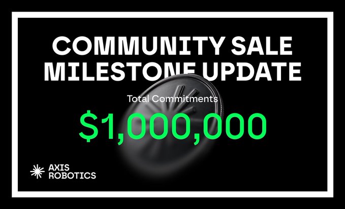 A milestone update graphic from Axis Robotics showing "Total Commitments" of "$1,000,000" in bright green text against a black background with a metallic coin, confirming that their $AXIS community sale has reached a seven-figure funding milestone.