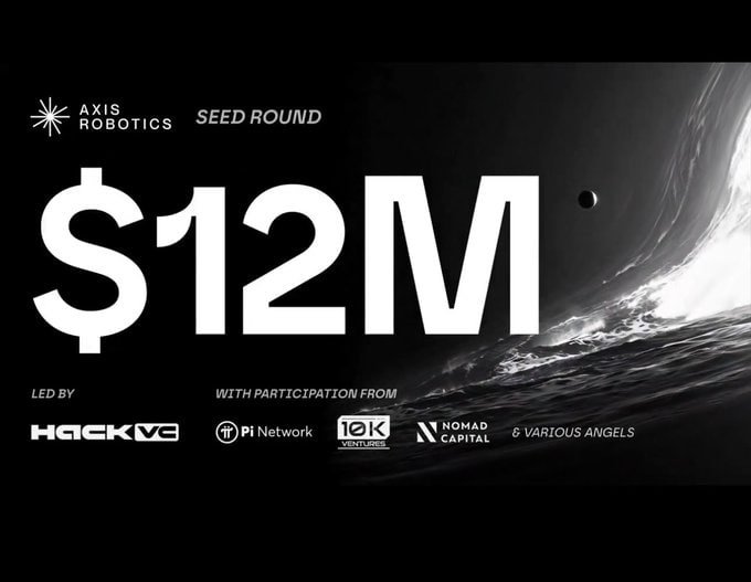A promotional graphic for Axis Robotics announcing a $12M Seed Round led by Hack VC, with participation from Pi Network, 10K Ventures, Nomad Capital, and various angels, set against a black and white space/planet background.