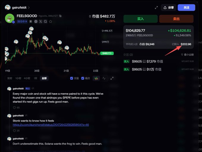 A GainzFckIt website screenshot showing the FEELSGOOD token (HqccVis_NMuXZT) with a price of $104,829.77 and a market cap of $482.7万, with a red arrow pointing to the 24h change of $202.96.
