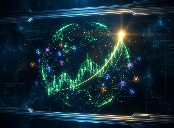 Futuristic digital art showing a glowing green stock market chart with candlesticks inside a sphere, surrounded by cryptocurrency coin icons.