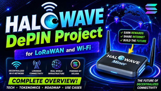 Halowave DePIN Project banner for LoRaWAN and Wi-Fi, featuring a Halowave Miner device, Solanabased, with sections highlighting decentralized Wi-Fi network, LoRaWAN connectivity, real world infrastructure, and a complete overview.