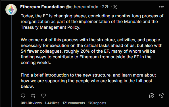 In this image, there is a screenshot of an email posted by a person named "Ethereum Foundation" on twitter. The content of the message revolves around changes happening within the Ethereum ecosystem. It discusses the shaping of the infrastructure, reorganization, and how these activities will impact the implementation of the Ethereum Taxonomy Management Policy. Additionally, it mentions that a new structure is coming out soon and that they aim to create more details about this process through upcoming weeks. The person who posted this message likely shared their thoughts or knowledge with other followers on social media.