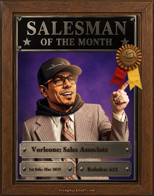 An illustrated 'Salesman of the Month' award plaque for 'Vorleone: Sales Associate' showing a smiling man in a checkered jacket and cap holding a gold ribbon, dated '1st Sale: Mar 2025' and 'Rolodex: 623'.