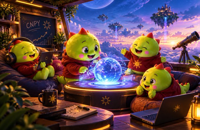 A colorful illustration features four adorable green goblin-like characters with red horns gathered around a glowing blue crystal ball on a table, surrounded by laptops, charts, and a telescope, with floating islands in the background.