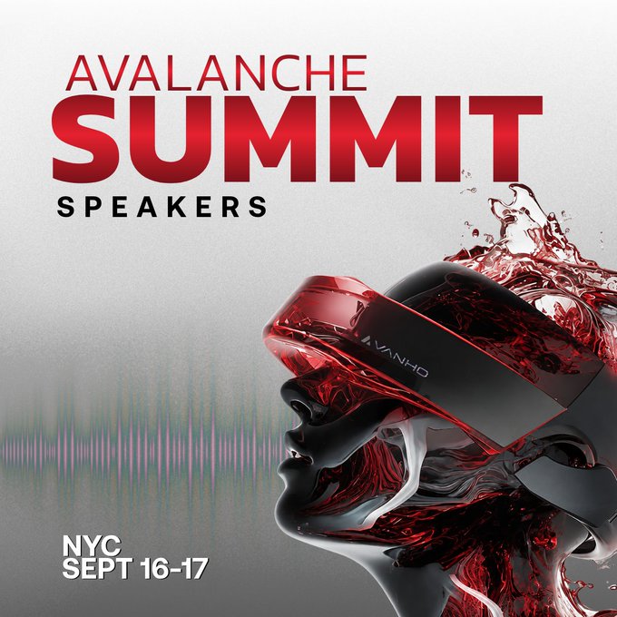 The promotional graphic for "Avalanche Summit Speakers" features a striking image of a metallic humanoid profile wearing a red-tinted VR headset, with liquid splashing dramatically around it. The event is scheduled for NYC on Sept 16-17, tying directly to the post's announcement of notable speakers like Kevin O'Leary, Sandy Kaul (Franklin Templeton), Stani Kulechov (Aave Labs), and Francesco Abbate (FIFA Collect) at this Web3/crypto summit.