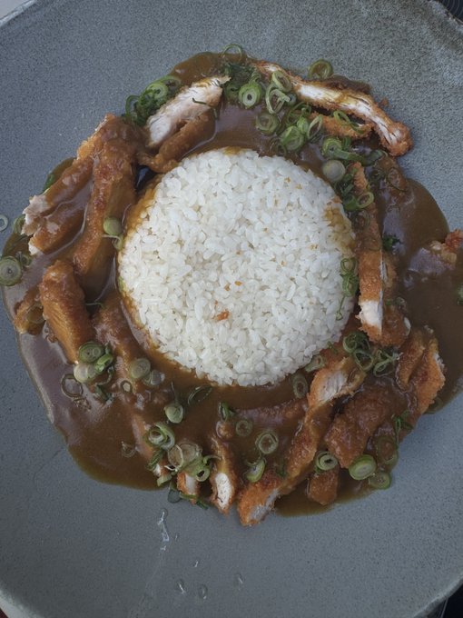 A grey bowl filled with white rice in the center, surrounded by sliced fried meat (likely katsu) covered in a brown curry sauce and garnished with chopped green onions.